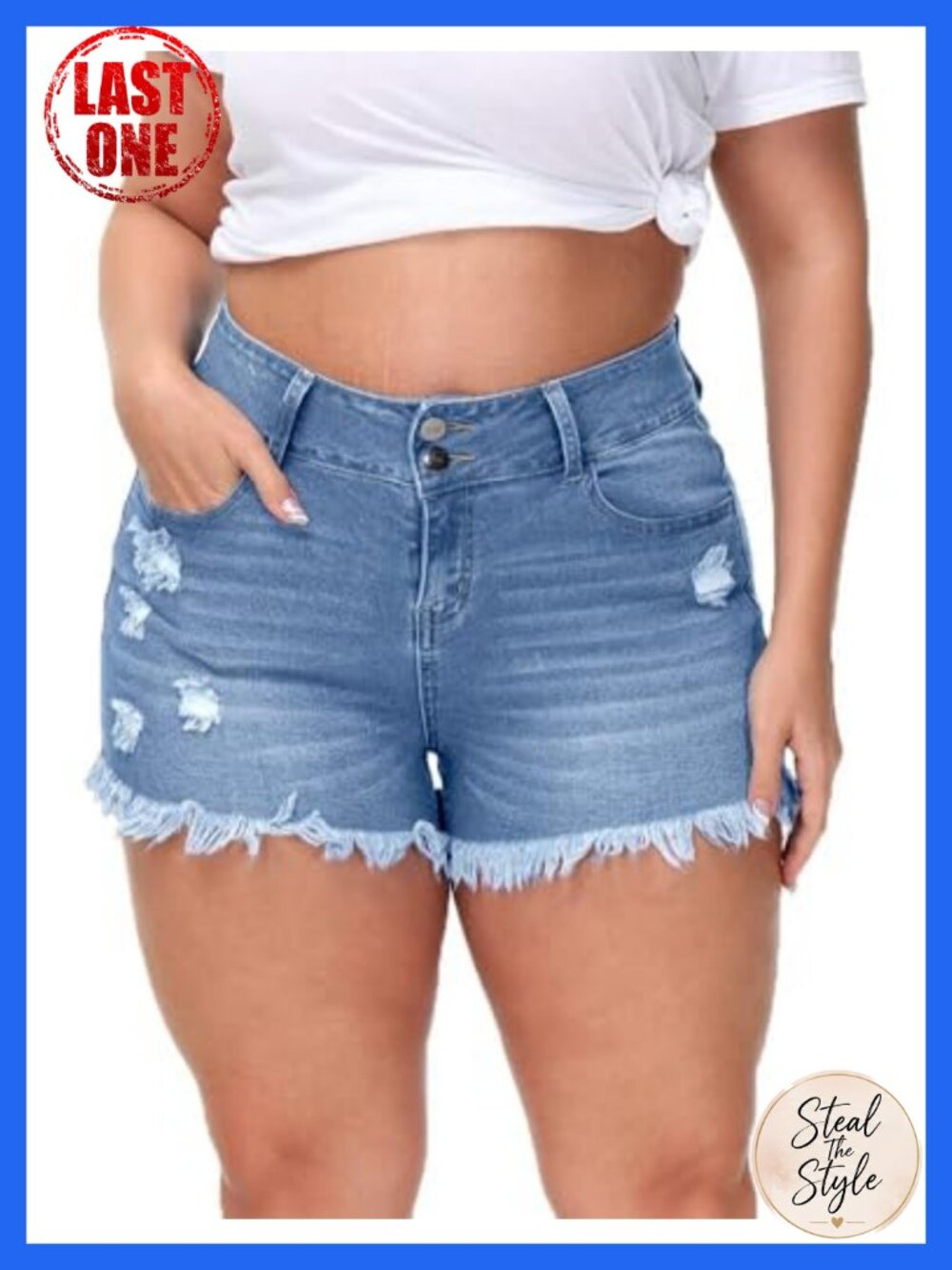 Plus Size High Waisted Stretchy Denim Shorts Frayed Raw Hem